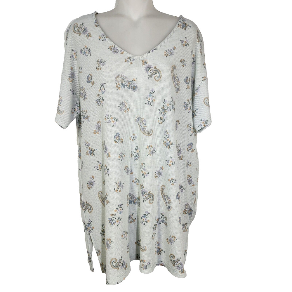 Honeyme Curvy Tunic Top Size XL Blue Floral Paisley Waffle Knit Boho 90's Y2K